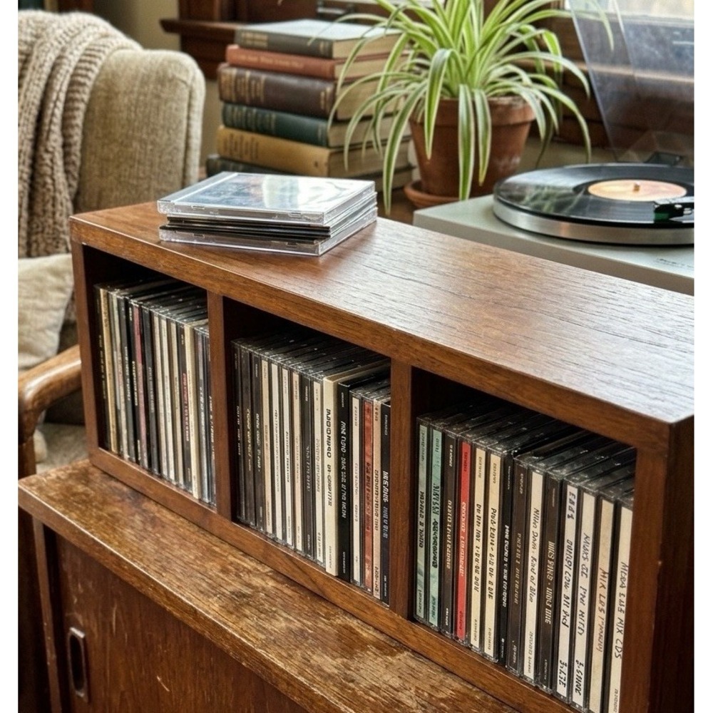 Vintage Wood CD Storage Rack 3 Cubby Desktop Organizer Shelf Mid Century Style